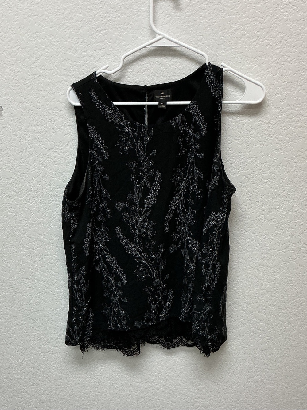Worthington Black Sleeveless Floral Lace-Trim Top